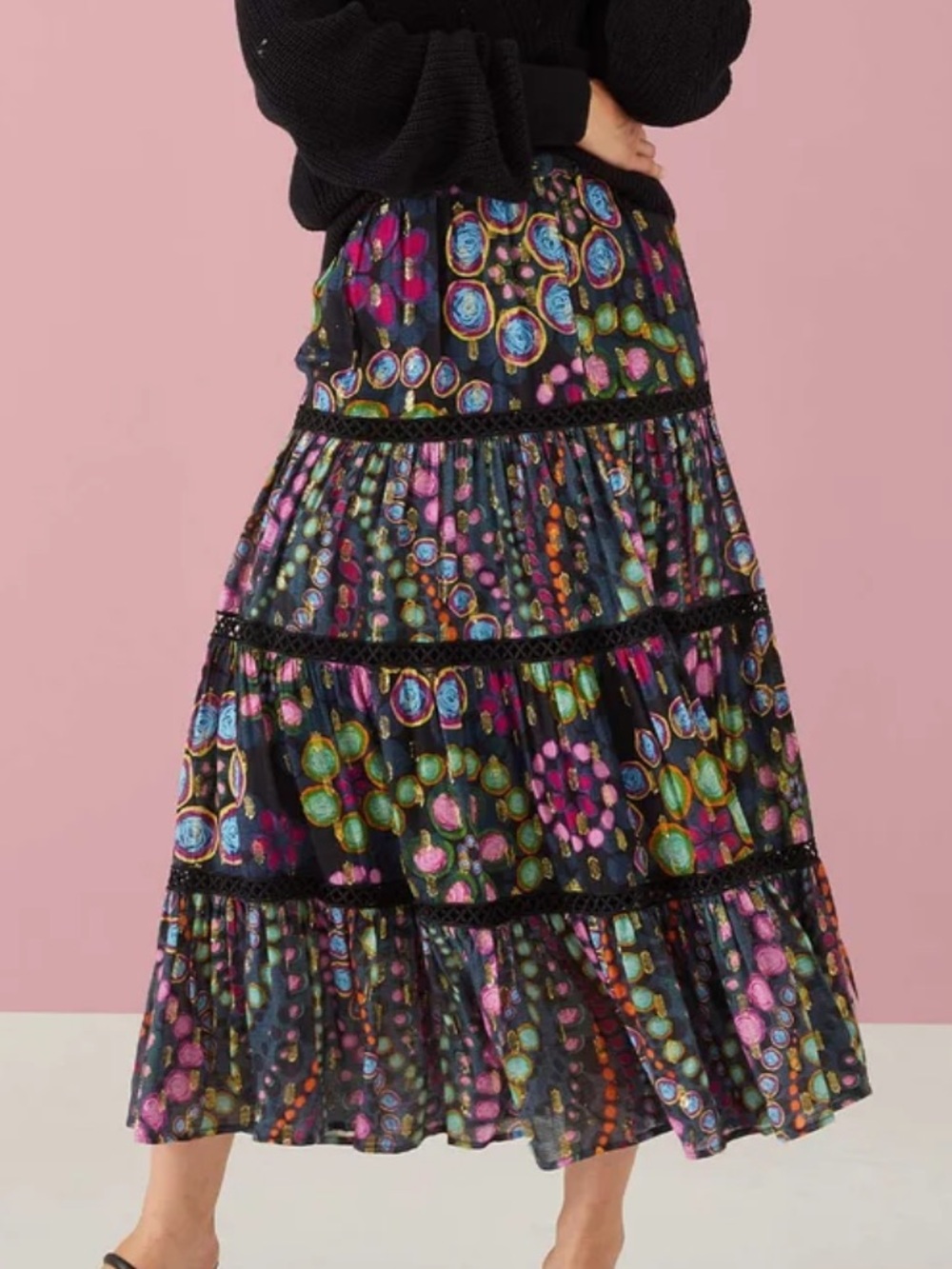 Ālivia Caroline Black Tiered Midi Skirt with Multicolor Dot Mosaic Print